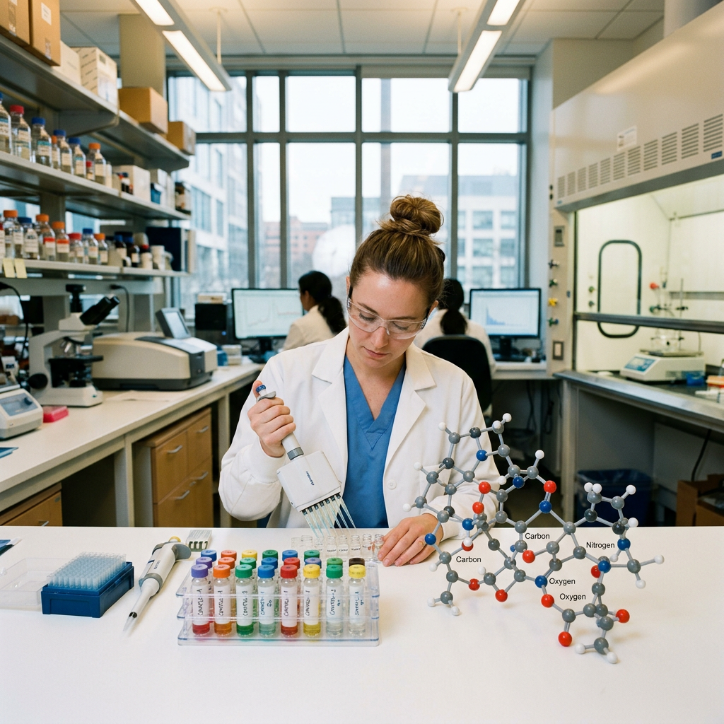 Scientist using multi-channel pipette with color-coded test tubes and molecular models on a lab bench