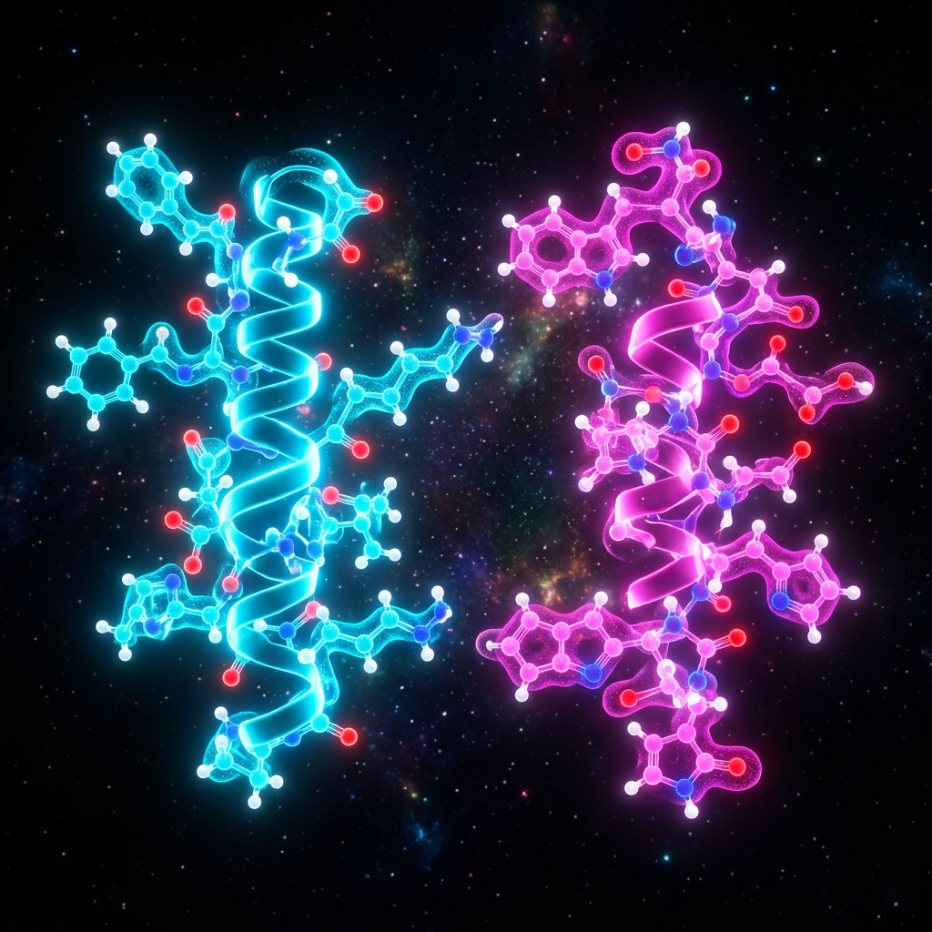Two molecular structures with glowing helix and atomic bonds on dark space background
